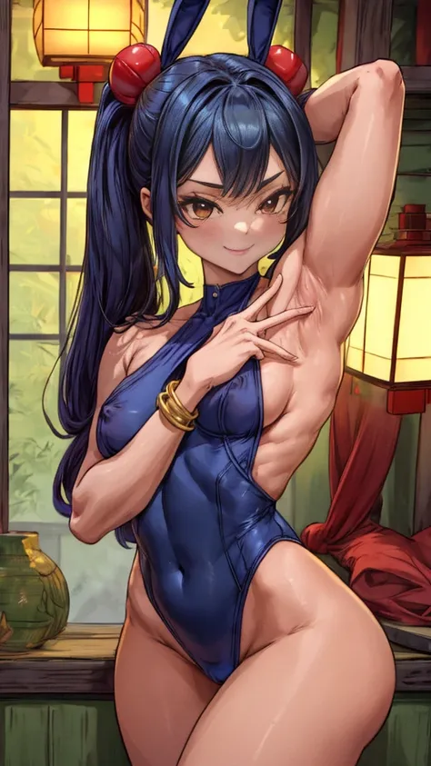 1 girl, {{{aawendy, happy and tender smile, yellowish brown eyes, long hair down to the blue back, two stories, two short ponytails on each side, hair ornament, dark blue bunny suit pleyboy, (dark blue bunny suit), bracelet, bracelet, small breasts}}}, bea...