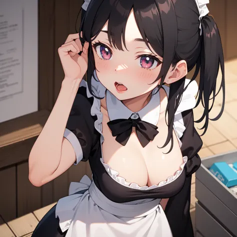 ((best quality)), ((masterpiece)), (detailed), 1 Girl, Maid，blush，look up，Black Hair，Milk residue at the corner of mouth，avatar，Bust，Cleavage