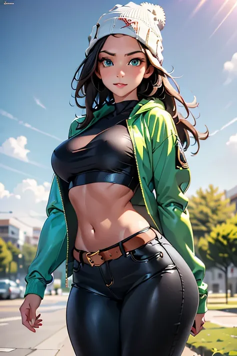 "Generate an AI image of a young woman with long, flowing black hair and striking green eyes. She is depicted wearing a stylish jacket and high-waisted jeans, accessorized with a beanie and belt. Her attire includes revealing clothing that subtly emphasize...