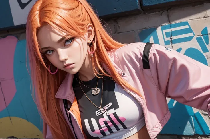 (masterpiece, Best quality, 1 girl, One, complex parts, Chromatic aberration), realistic, ((average breathing)),long hair, orange hair, Decoration on the head, pink highlights, hair over one eye, earrings, keen eyes, necklace, neon shirt, open jacket, crop...