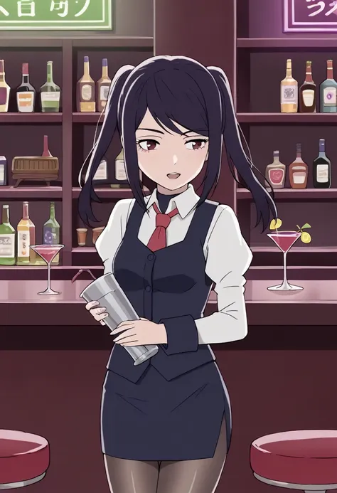 score_9, score_8, score_7, source_anime, (jill stingray:0,9) , necktie, pantyhose, skirt, vest, white shirt 1girl, solo, bartend...