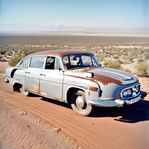 analog film photo photo car old weary rusty tatra603, xhrome silver wheels, , grit, stains , view from side,  sahara valley dese...