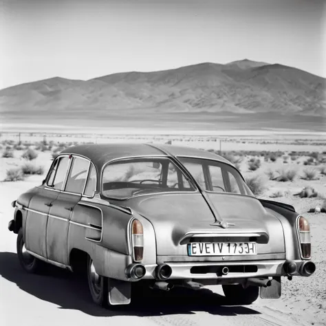 analog film photo photo car old weary rusty tatra603, xhrome silver wheels, , grit, stains , view from side,  sahara valley dese...