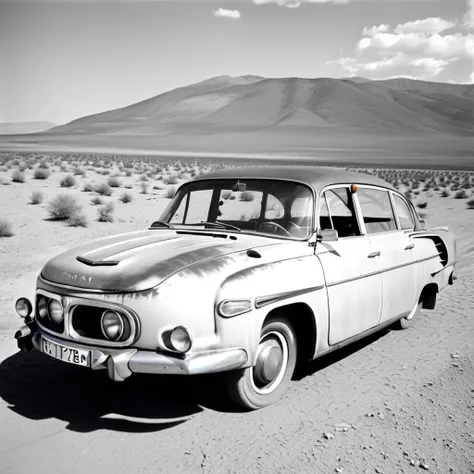 analog film photo photo car old weary rusty tatra603, xhrome silver wheels, , grit, stains , view from side,  sahara valley dese...