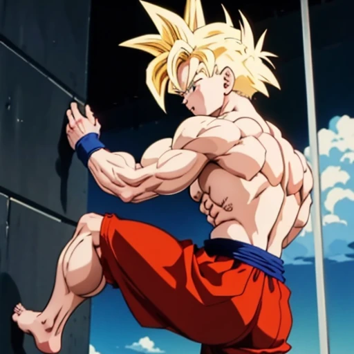 (a detailed drawing of gohan, bodybuilding-fitnessstudio.),anime picture, with bare upper body, the strongest of all, huge muscu...