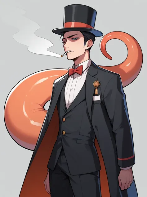 humanoid figure with an orange octopus head with a black vigote, a top hat and a monacle dressed elegantly, smoking