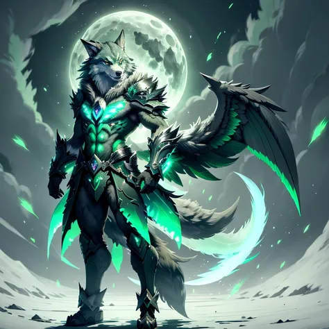 (1 wolf) full body, a green eyes light green wolf, a winged four pointy feathered ears wind wolf with feathers and wind, light g...