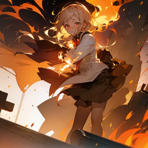 anime girl crying, holding heart on flames, flames behind, city destroyed on background