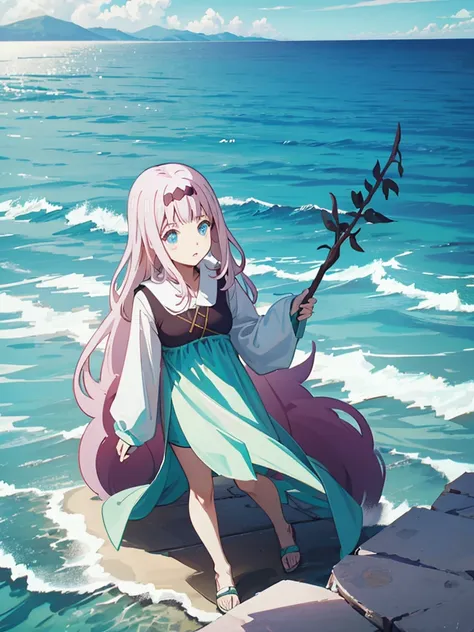 ８k、full body shot、semi-long hair、pink hair、pale blue eyes、ocean、sandy beach、medium breast、、whole body、stick out your butt