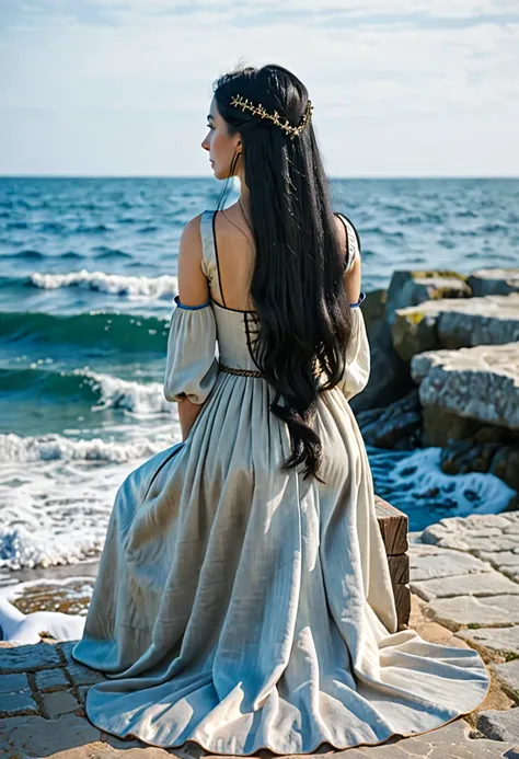 WOMAN WITH LONG BLACK HAIR SIT FROM BACK WITH A SIMPLE MEDIEVAL DRESS LOOK TO THE OCEAN 
