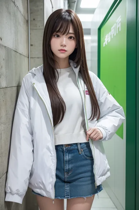 A young woman wearing a white jacket and a green checked shirt、Posing in front of an indoor wall。Her hair is long、Straight、I have bangs。In the background you can see a Japanese sign.。Overall bright、It&#39;s a friendly atmosphere。There&#39;s a sweet smile o...