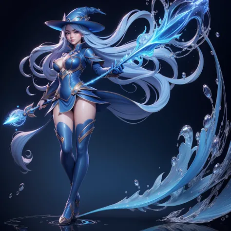 Beautiful eyes Artificial Empathy, she has this big beautiful wand, ((full body view)),((blue fire power art)) , quality rendering, 8k resolution UHD, with transparent background, highly detailed, has blue silky smooth hair with a detailed pointy hat, blue...