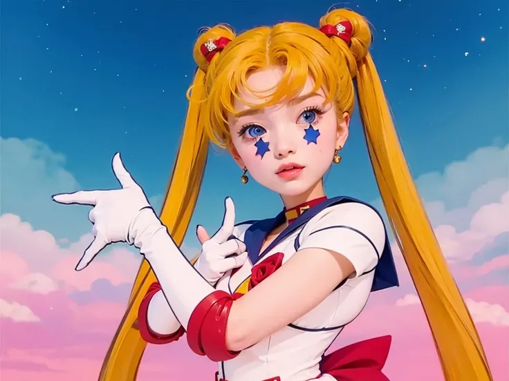 blonde young woman with long pigtails, wearing white suit with blue collar and red details, white gloves, blue and pink space background