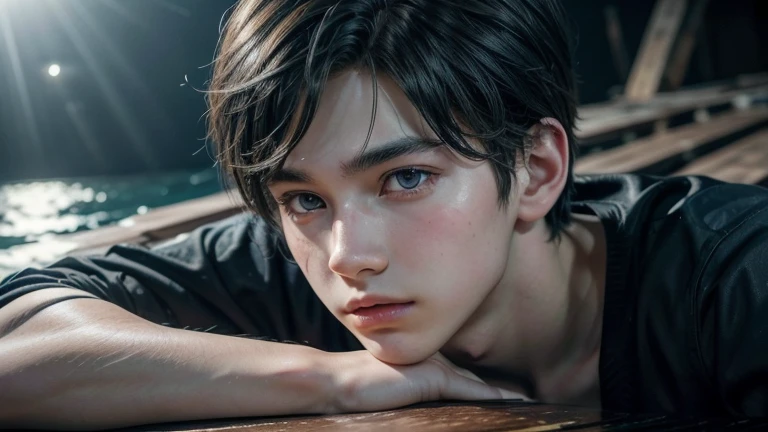 A young anime-style boy with a freshly trimmed hairstyle, looking vibrant and healthy, 1boy, beautiful detailed eyes, beautiful detailed lips, extremely detailed face, detailed hands and fingers, dark blue and black tones, floating on a wooden plank in the...