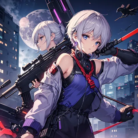 ((Gray Hair　Short Hair　blue eyes　sniper rifle)，((Crow　night　Red full moon))，(rooftop　Drop shoulder　Sailor suit　cyber punk　Shiny Earrings　Purple light)，　Sweat　A tense look　Also々funny Face　Headphones