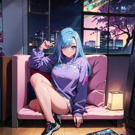 (masterpiece), highest quality, expressive eyes, neon pastel aesthetics, retro 90s, neon color,((girl sitting on sofa,smoking a ...