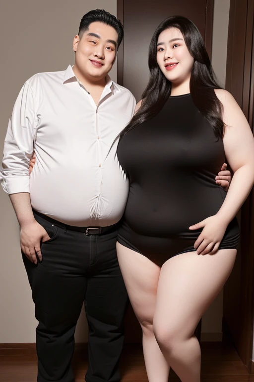 186cm 105kg thin man with abdominal obesity, ((140 kg thin woman with abdominal obesity)), A friendly extremely obese man and woman couple, photorealistic, 8K