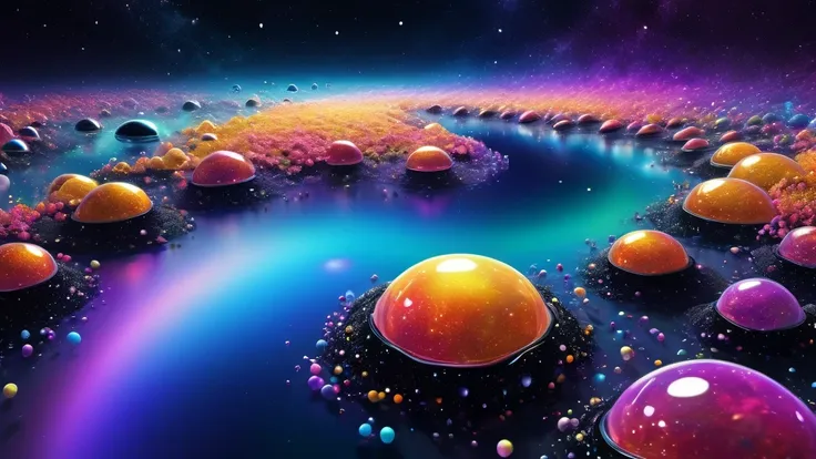 The infinite expanse of the cosmic ocean, Filled with glowing bubbles. Each bubble acts as a delicate glass case, Draw your own universe, Filled with vibrant galaxies swirling like rainbow opals. A vivid contrast of kaleidoscope colors and somber atmospher...