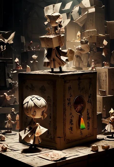 In dim light，There is a box at the resident&#39;s door，Inside the box is a small paper figurine made of talisman paper.