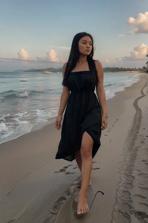 Photo of an extremely tanned, beautiful Filipina with long black hair, walking the beach in the Philippines. Shes wearing, black, beautiful summer dress.