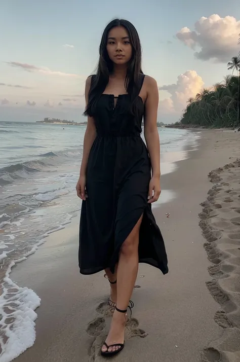 Photo of an extremely tanned, beautiful Filipina with long black hair, walking the beach in the Philippines. Shes wearing, black, beautiful summer dress.