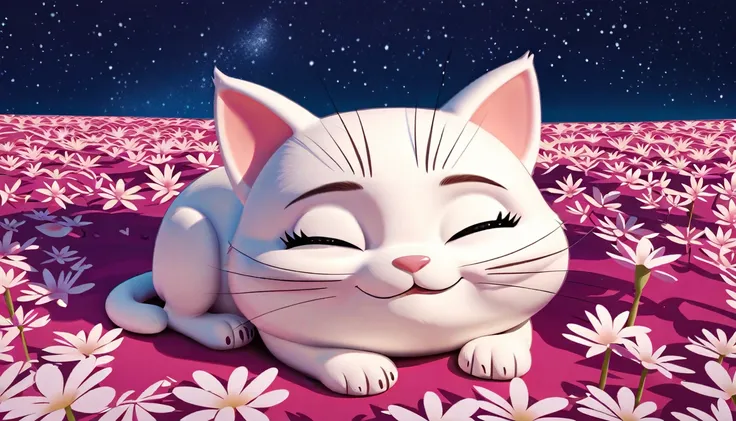 Fluffy white cat、Chibi Style、cute、Fantasy art、１６：９、Sleeping in a flower field、３D Vector Art、Starry sky background、Pixar Style、high resolution、Fantasy、Impossible colors