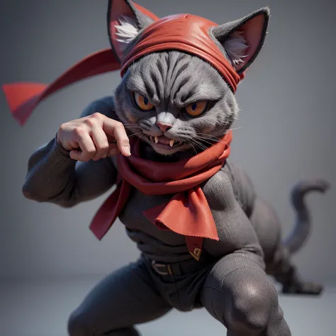 grey cat with red bandana 3d angry thug style