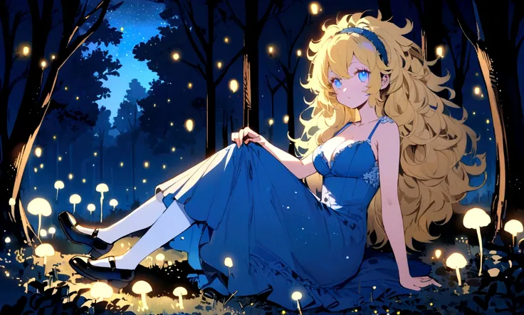 Big messy haired blonde anime woman with hairband, pale blue eyes, wearing short blue dress with no sleeves, cleavage, white stockings and little black shoes, sitting in the woods next to glowing mushroom surrounded by fireflies under the starry night sky 