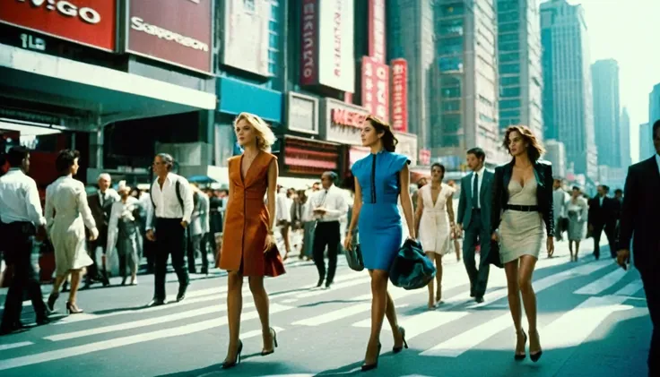 middle ground camera view of many kind of beautiful females walking on the street wearing very sexy short dresses and deep cleavaged futuristic fashion clothes,They are walking in a pedestrian street in a megacity at morning time. Males are wearing suits o...