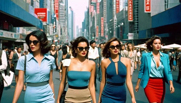 middle ground camera view of many kind of beautiful females walking on the street wearing very sexy short dresses and deep cleavaged futuristic fashion clothes,They are walking in a pedestrian street in a megacity at morning time. Males are wearing suits o...