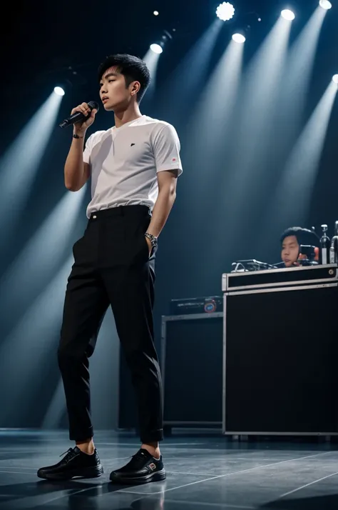 Thai man with short hair and wearing a white t-shirt wearing a black coat black pants Dark blue shoes, standing on stage, holding a microphone.