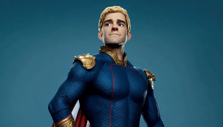 um close up de um homem de terno azul com uma The Homeland Captain is a character from the series The Boys, he wears a blue outfit, with a red cape, has light eyes, and blonde hair.capa, Home Lander from the boys, Home Lander, super-herói do programa de TV...