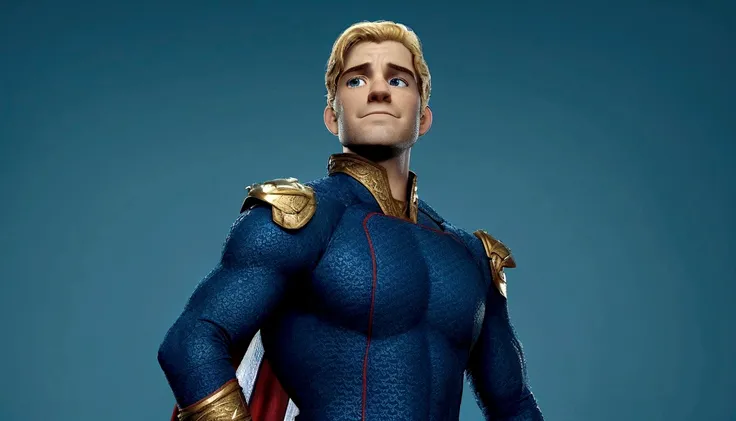 um close up de um homem de terno azul com uma The Homeland Captain is a character from the series The Boys, he wears a blue outfit, with a red cape, has light eyes, and blonde hair.capa, Home Lander from the boys, Home Lander, super-herói do programa de TV...