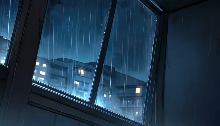 a dark eyed level angle apartment room, window with rain, High quality, AT NIGHT, warm and blue tone
