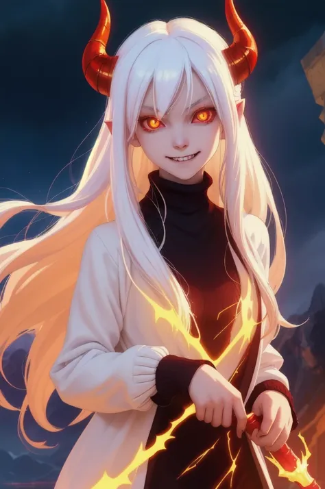 1 loli demon girl, solo, evil smile, long white hair,  pale skin, dark sweater,  red rough texture horns, glowing yellow eyes, fantasy,
 dramatic lighting , hell scenery 
best quality, masterpiece, 
