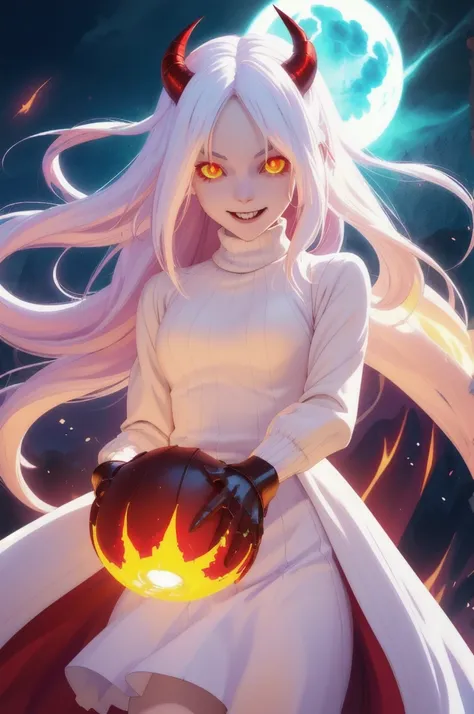 1 loli demon girl, solo, evil smile, long white hair,  pale skin, dark sweater,  red rough texture horns, glowing yellow eyes, fantasy,
 dramatic lighting , hell scenery 
best quality, masterpiece, 
