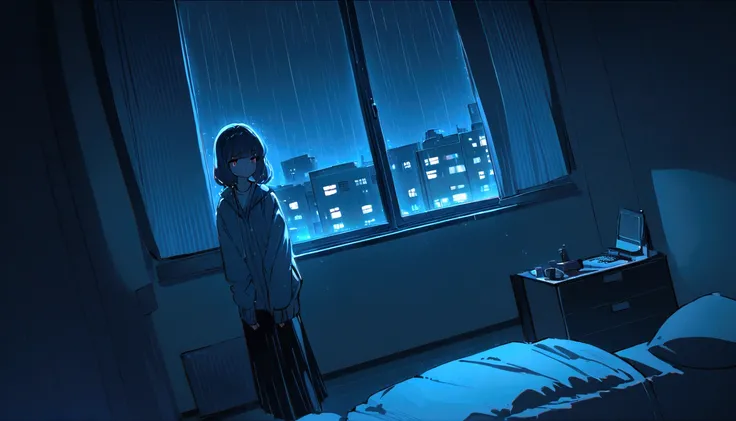 wide angle, apartment room, window with rainy night, High quality, AT NIGHT, warm and blue tone, lofi girl study