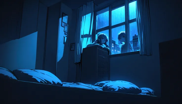 wide angle, apartment room, window with rainy night, High quality, AT NIGHT, warm and blue tone, lofi girl study