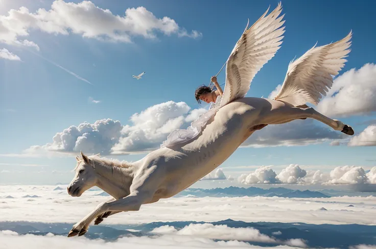 A beautiful slender girl in a white dress flies above the clouds on the back of a pegasus.