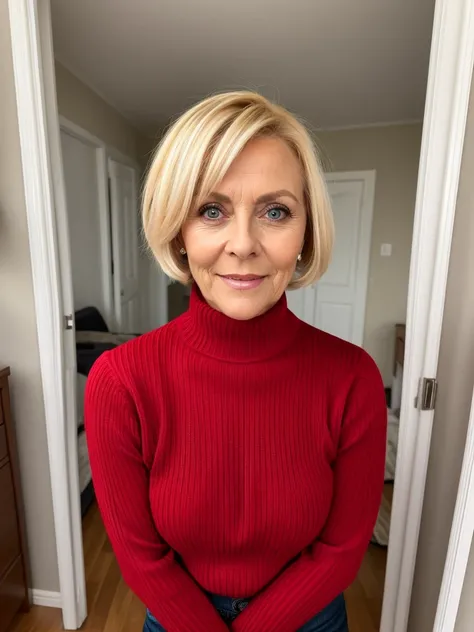 photo of a slutty horny blonde mature submissive wife with big bulging beautiful eyes, very short hair, She wears: (turtleneck high ribbed bright tight red sweater:1.1), sexy old lady next door neighbour who wants me bad