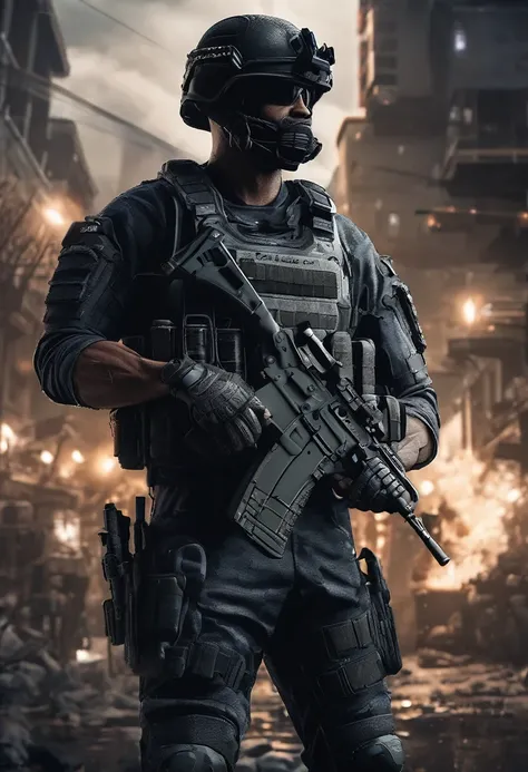 Masterpiece quality wallpaper, Swat, muscular, SWAT uniform, wearing SWAT uniform, Call of duty, intricate details, highly detailed and stylized, 8K UHD, Video game wallpaper, dark background