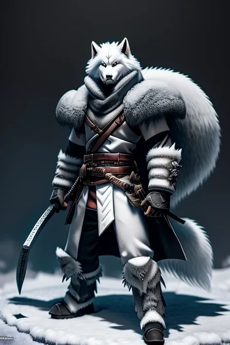 a huge white and grey fur snow wolf ready to fight in an epic battle with a gatling gun in his hand, a demon wings on his back, two katanas on his waist.