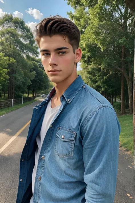 A 16 years handsome boy in a beautiful road realistic image 