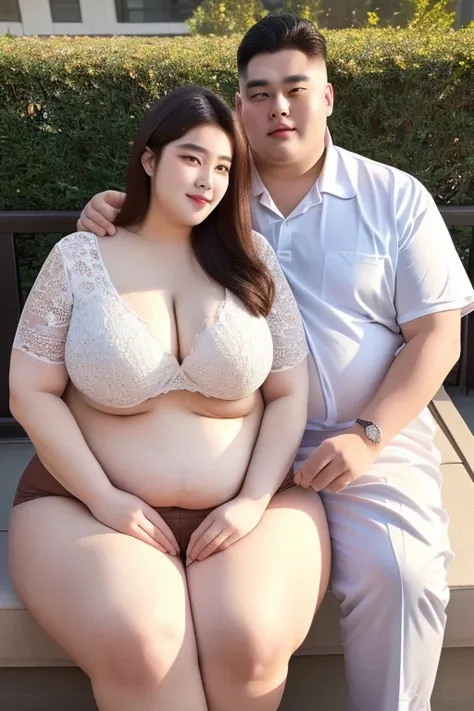 186cm 105kg thin man with abdominal obesity, ((140 kg thin woman with abdominal obesity)), A friendly extremely obese man and woman couple, photorealistic, 8K, sexual intercourse