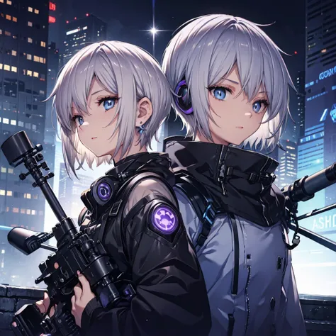 (((Gray Hair　Short Hair　blue eyes　sniper rifle)))，((Crow　night　Blue Full Moon))，(rooftop　Drop shoulder　　cyber punk　Shiny Earrings　Headphones around the neck　Purple light)，　Sweat　A tense look　Also々funny Face