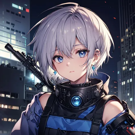 (((Gray Hair　Short Hair　blue eyes　sniper rifle)))，((Crow　night　Blue Full Moon))，(rooftop　Drop shoulder　　cyber punk　Shiny Earrings　Headphones around the neck　Purple light)，　Sweat　A tense look　Also々funny Face