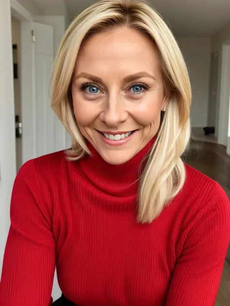 photo of a playful cute slutty horny blonde mature submissive wife with big bulging beautiful eyes, She wears: (turtleneck high ribbed bright tight red sweater:1.1), submissive seductive pose, high tight ribbed neck, seductive smile, perfect fake tits, tur...