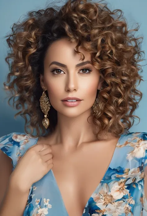 I created an image of a digital influencer woman who brings lightness and abundance, but she also transfers strength, she is sophisticated, very beautiful, she is about 34 years old, she inspires other women with her elegance, her curly hair, light brown e...