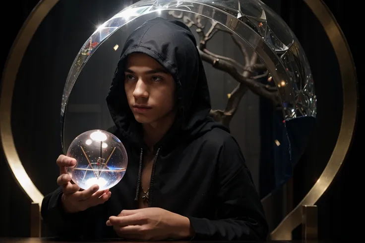 young male magician, head covered with a hood, holding a magic crystal ball, there&#39;s a big black dragon behind you, inside a ball of lightning