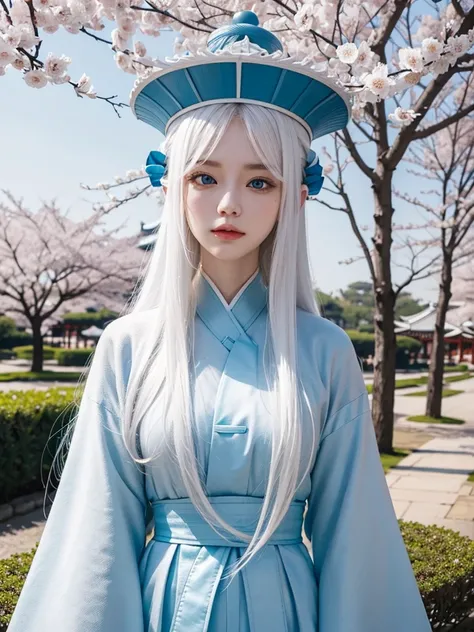 Long white hair, blue eyes, serious features, white skin, loose style, in a garden,in the Sakura Korea ,Korean Palace 